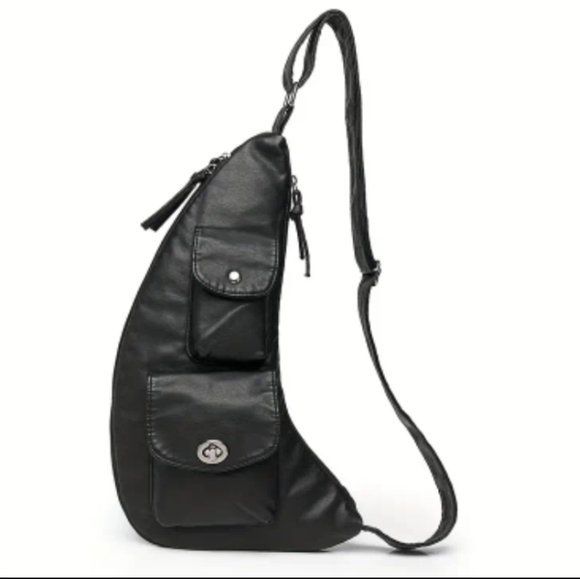 Other - Black Sleek Vegan Leather Minimalist Chest/Sling/Crossbody Bag NEW
